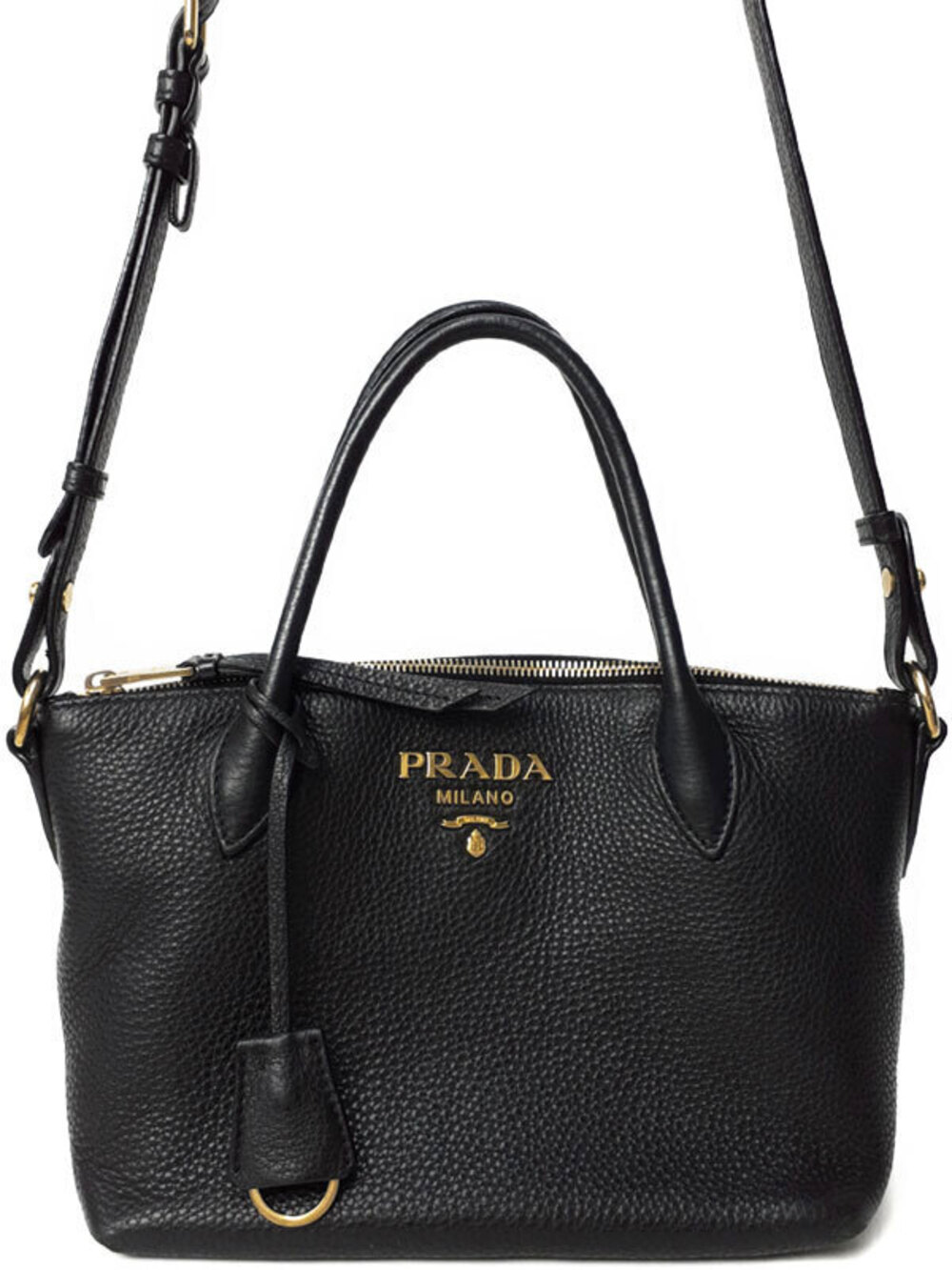 Prada black Vitello Daino leather tote bag Milano lettering dual top